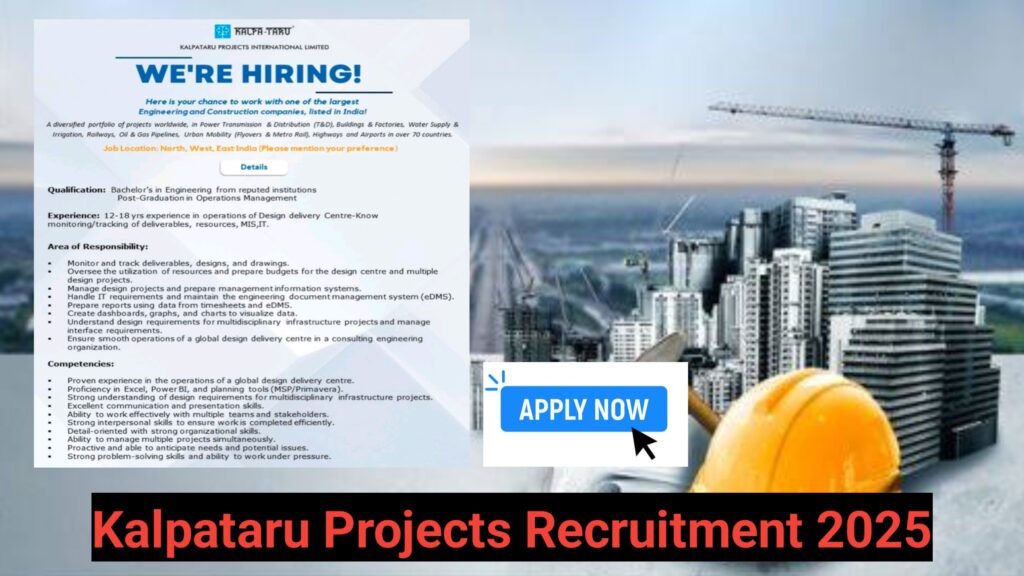 Kalpataru Projects Recruitment 2025 – Apply for Operations Manager Roles | 12+ Years Experience | PAN India