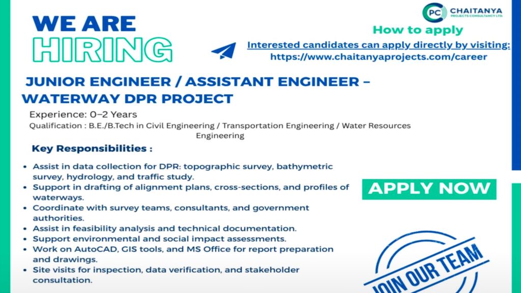 “Junior/Assistant Engineer Jobs 2025 | Freshers Apply | Waterway DPR Project at Chaitanya Projects Ltd – Civil Engineering Careers”