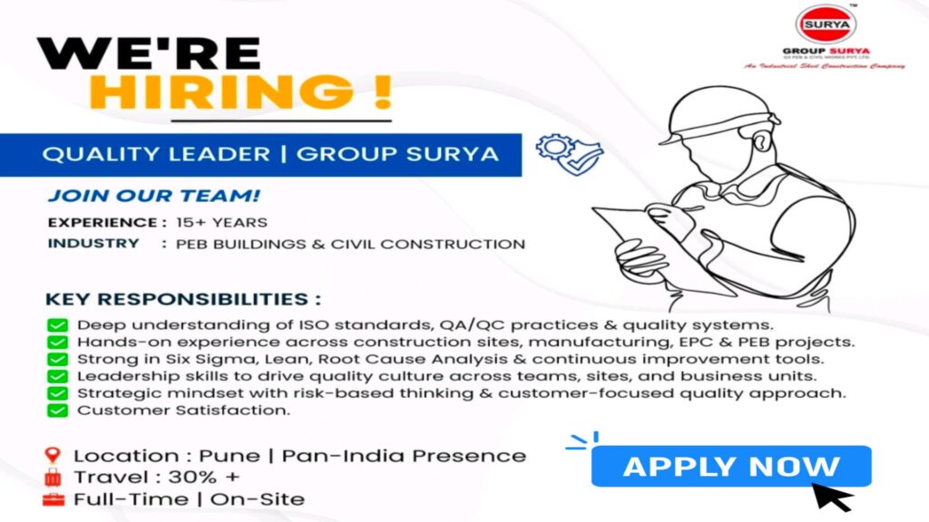 "Join Group Surya as Quality Leader – Lead Excellence in PEB & Civil Construction (15+ Yrs Exp)"